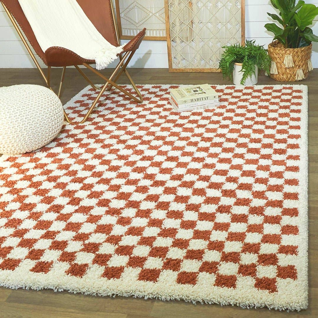 Alfombra de pelo alto suave y cómoda con diseño de cuadros CHECKERS