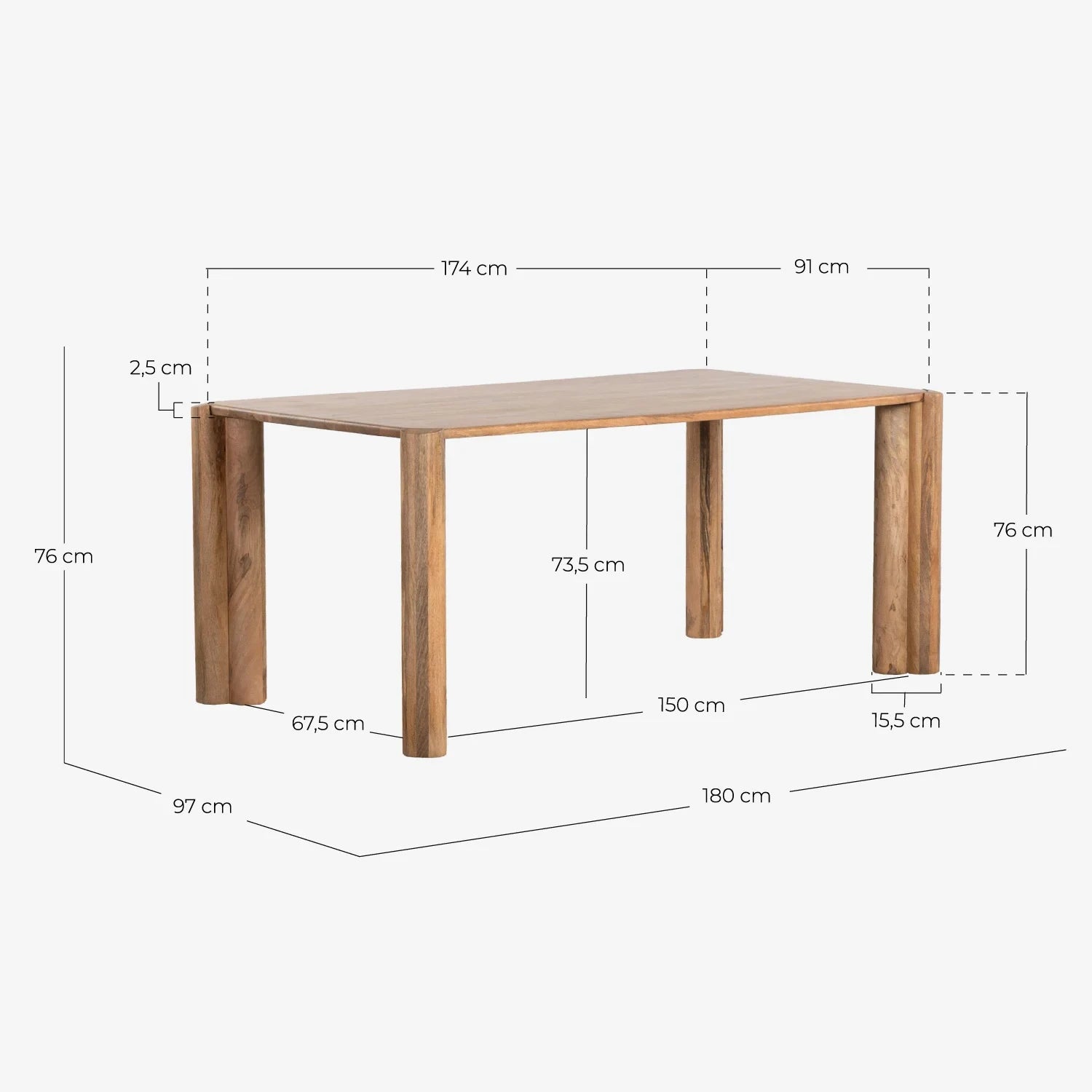 Mesa de Comedor Rectangular Madera de Mango 174x91 (Mango Natural)